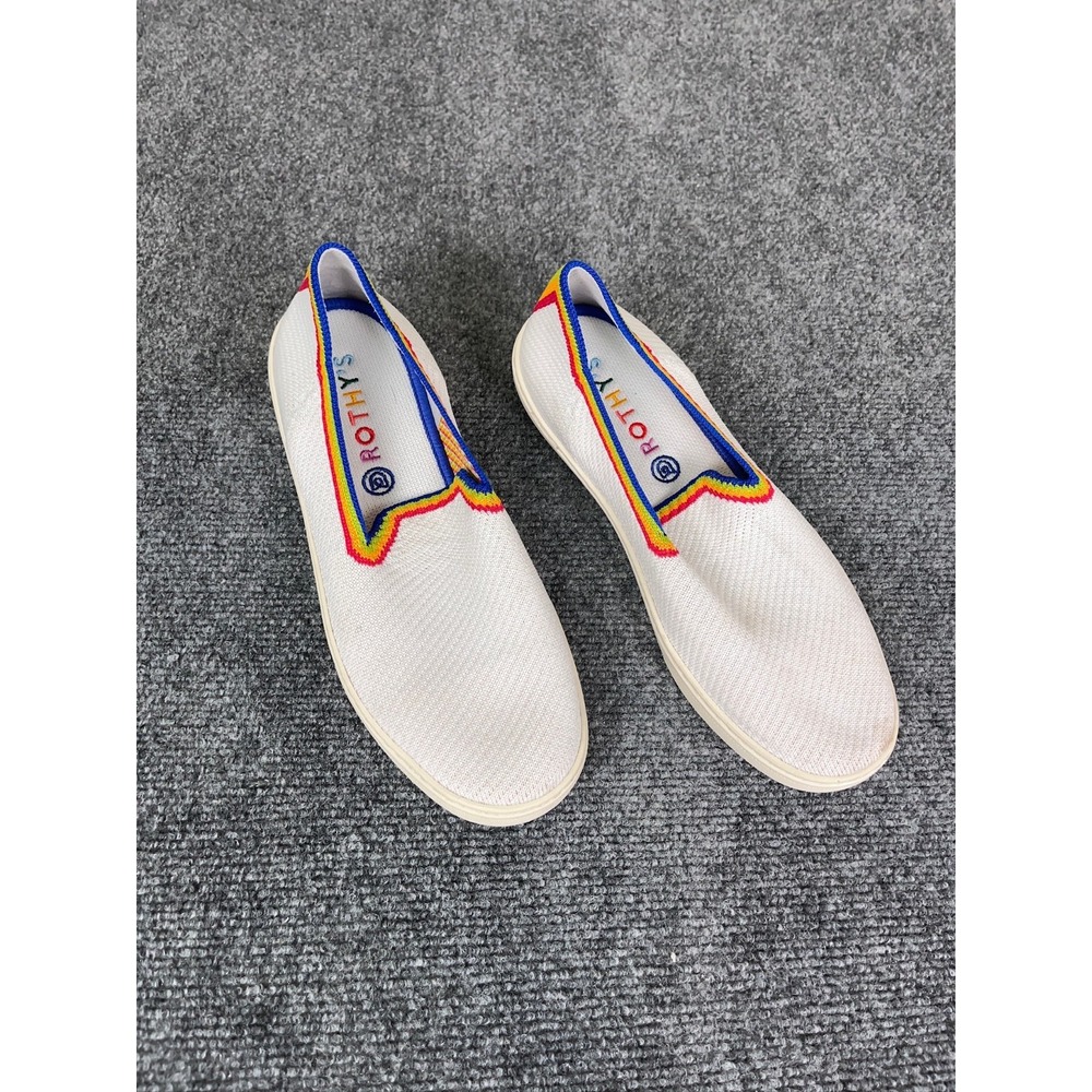 Rothy's Cream Slip-On Flats with Rainbow Trim